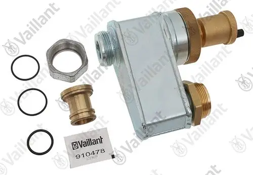 Vaillant Adapter aus Metall für ein Luftabscheidersystem, inklusive O-Ringe und weiteren Verbindungselementen, dargestellt auf einem weißen Hintergrund.